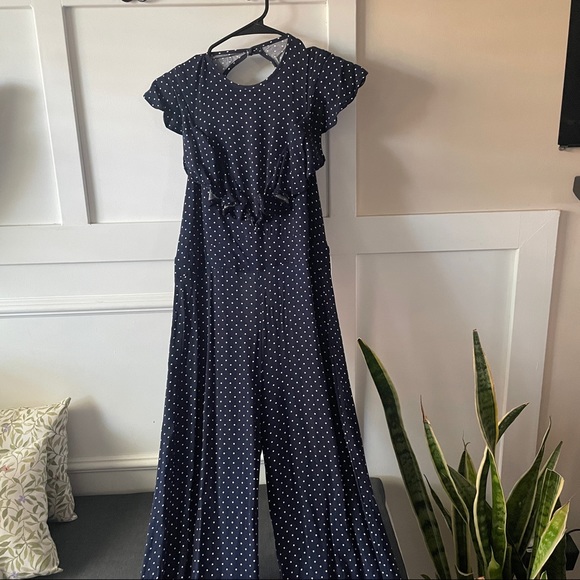 OLIVACEOUS | navy blue polka dot jumpsuit with open back - Picture 6 of 9